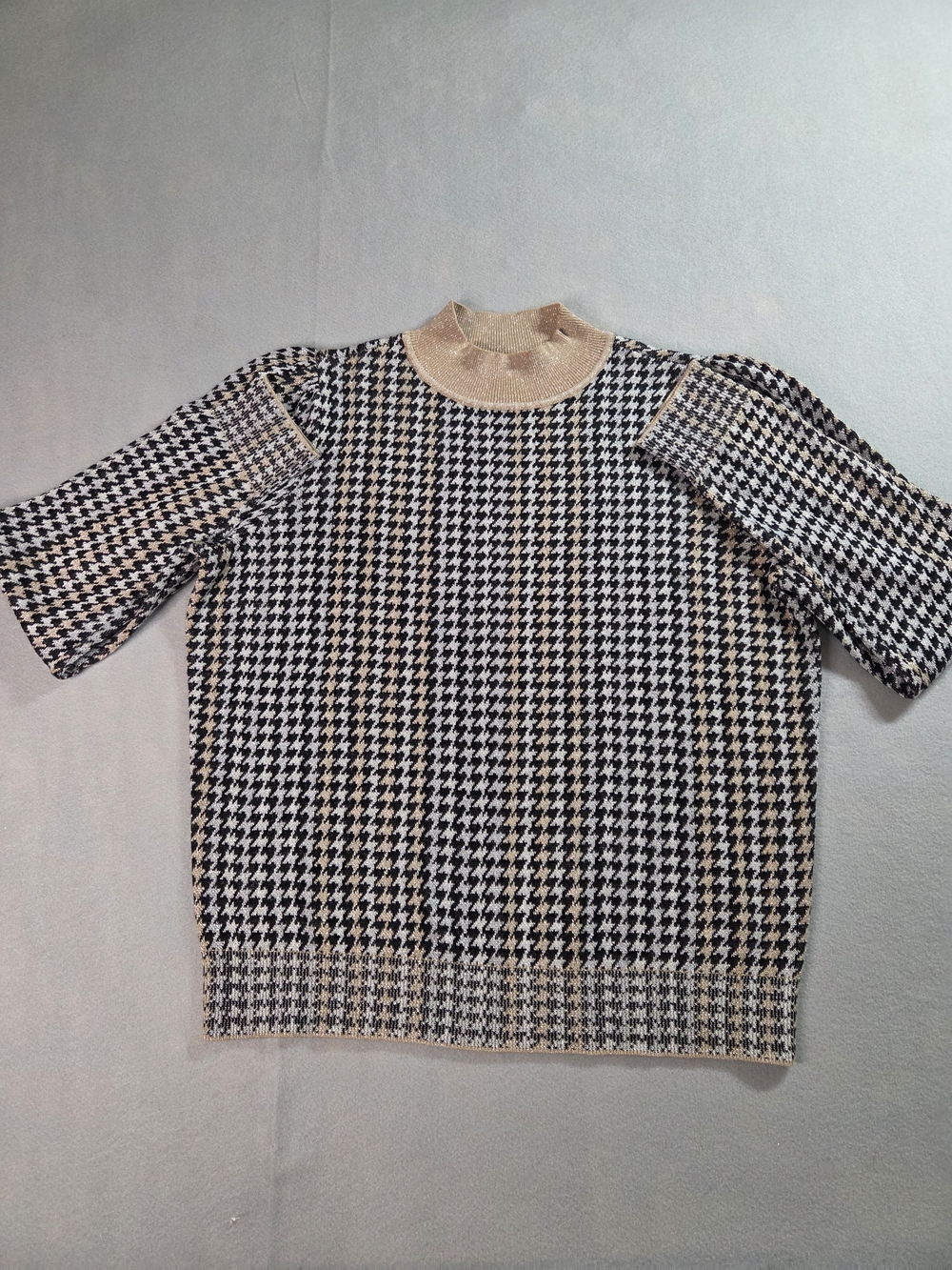 Ann Taylor Metallic Houndstooth Mock Neck Sweater Gold Black Size M Shimmer